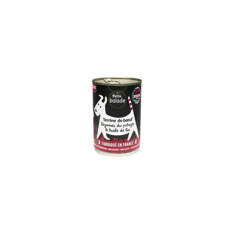 Vue rapprochée de côté de la boîte de terrine Petite Balade bœuf 1114745 montrant les étiquettes dét