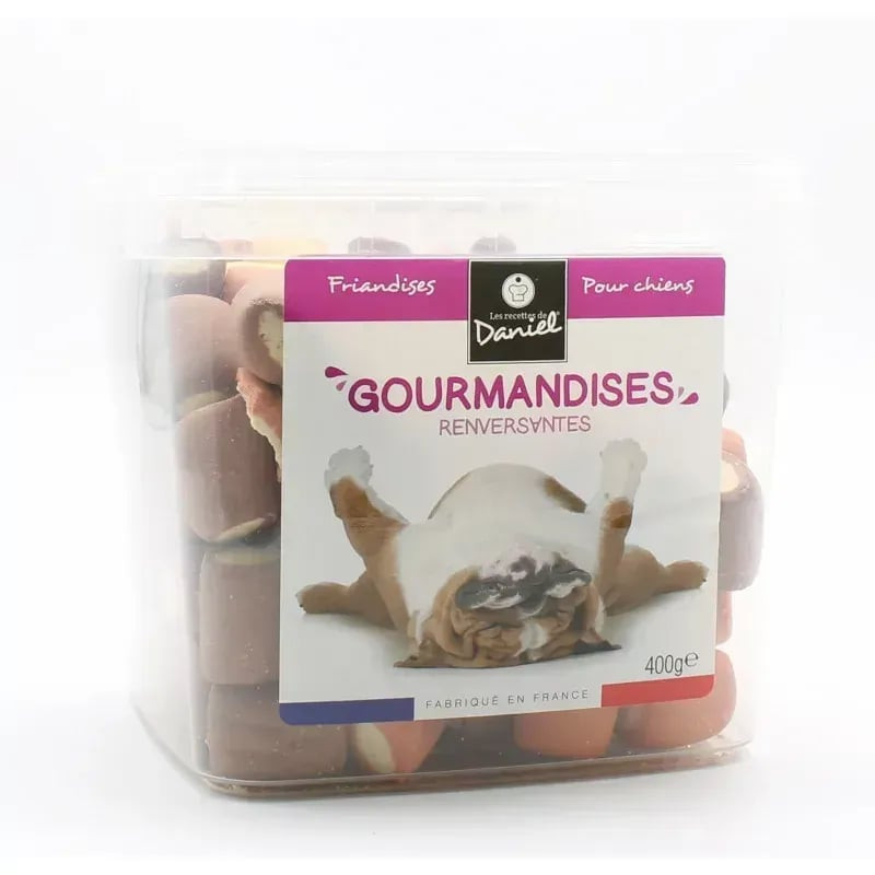 Les Gourmandises de Daniel friandises pour chien en pot transparent 400g avec biscuits fourrés color