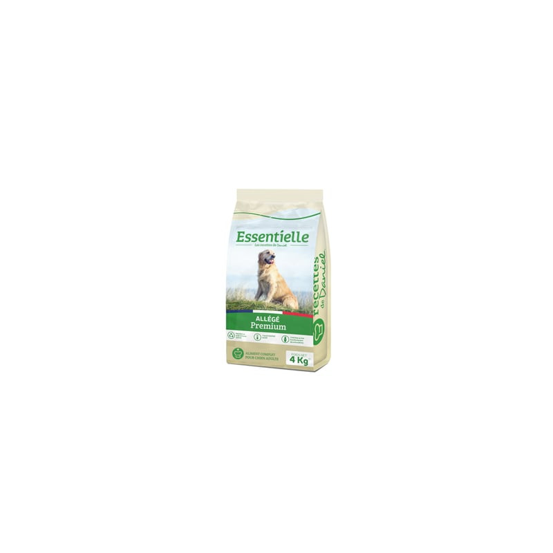 Gros plan du packshot des croquettes Les Recettes de Daniel Essentielle Allégée pour chien adulte 4k