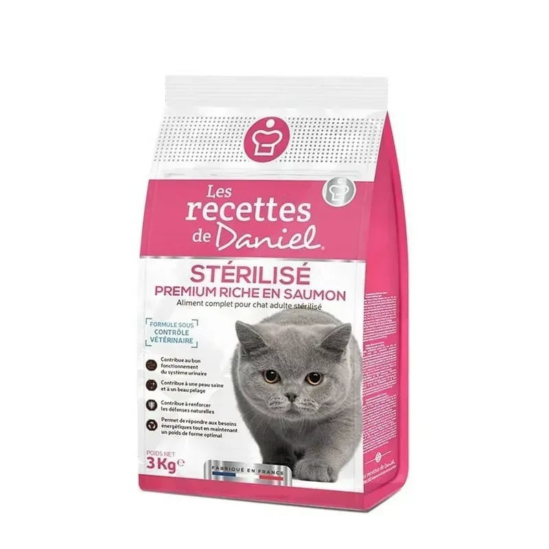 Vue complète du sac de croquettes Les Recettes de Daniel 3kg au saumon pour chats stérilisés, avec i