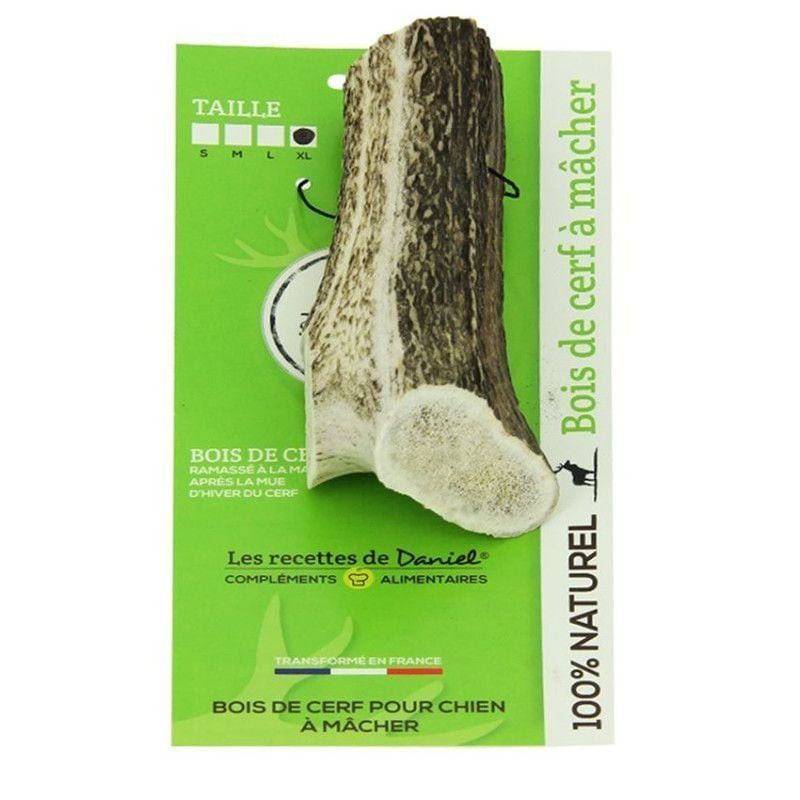 Les Recettes de Daniel bois de cerf XL pour chien en emballage vert avec tailles S, M, L, XL mises e