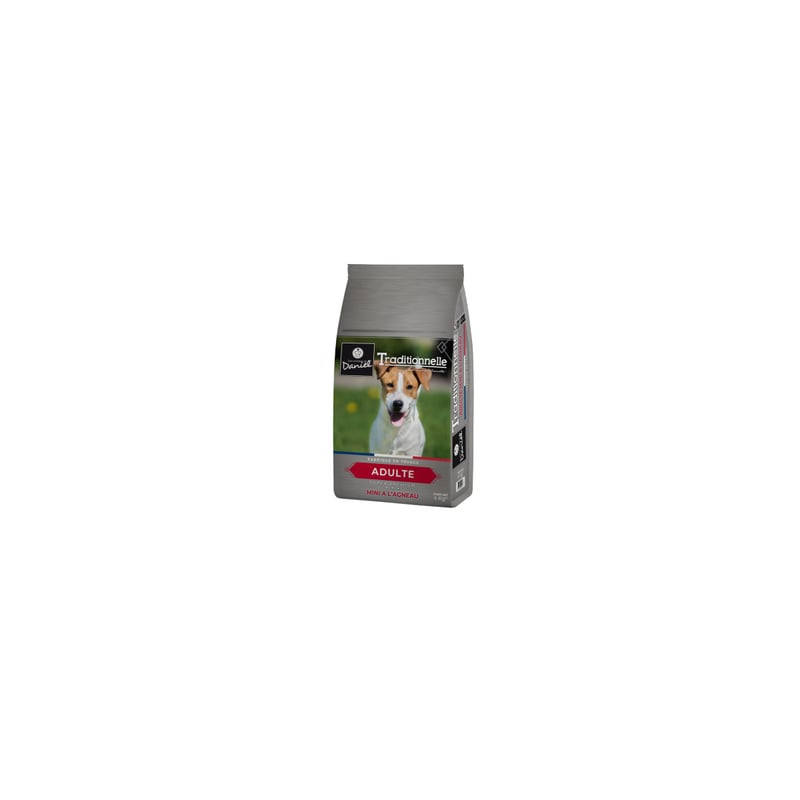 Gros plan du sac de croquettes Les Recettes de Daniel Traditionnelle Mini Adulte Agneau, emballage g