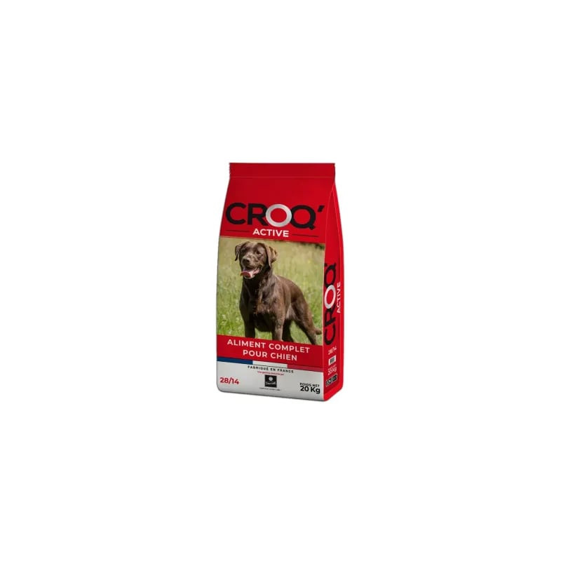 Sac rouge de 20 kg de croquettes Croq'Active pour chiens actifs par Les Recettes de Daniel, avec un 