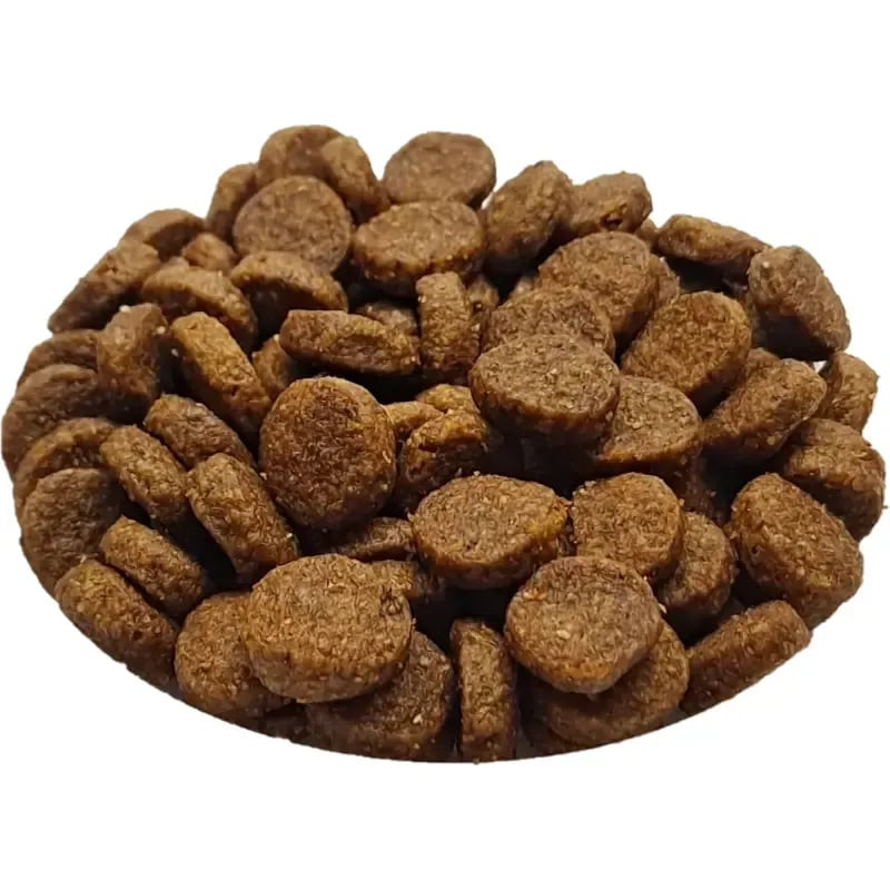Gros plan sur des croquettes brunâtres ovales des Recettes de Daniel Mini Adulte au Saumon, entassée