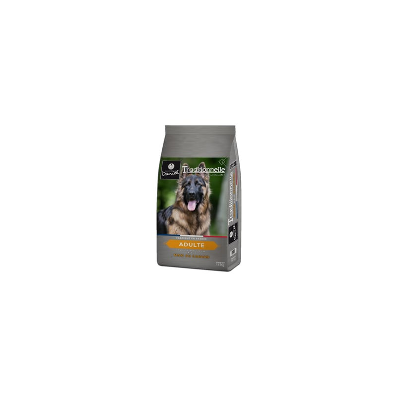Vue avant du sac de croquettes Les Recettes de Daniel Traditionnelle 14 kg pour chiens adultes maxi,
