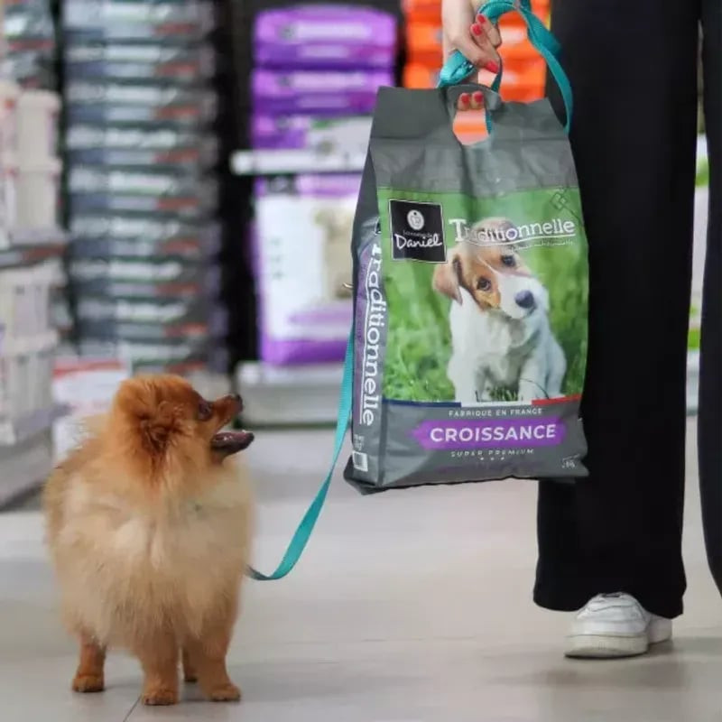 Image lifestyle d'une personne tenant le sac de 4 kg de croquettes chiot Les Recettes de Daniel en a