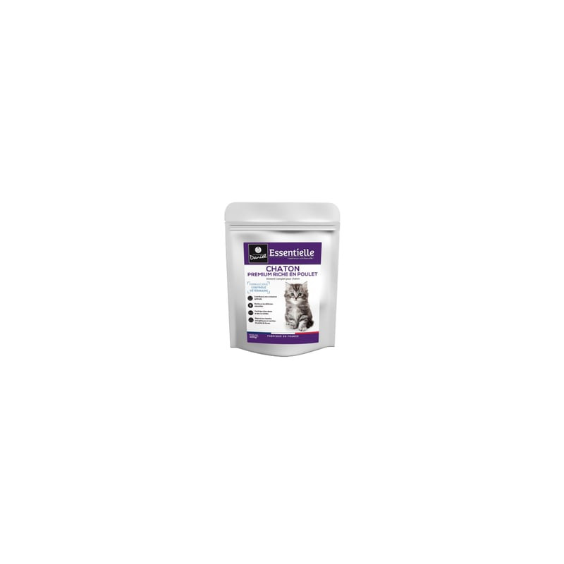 Les Recettes de Daniel croquettes chaton sans céréales 400g, emballage blanc étiquette violette, rec