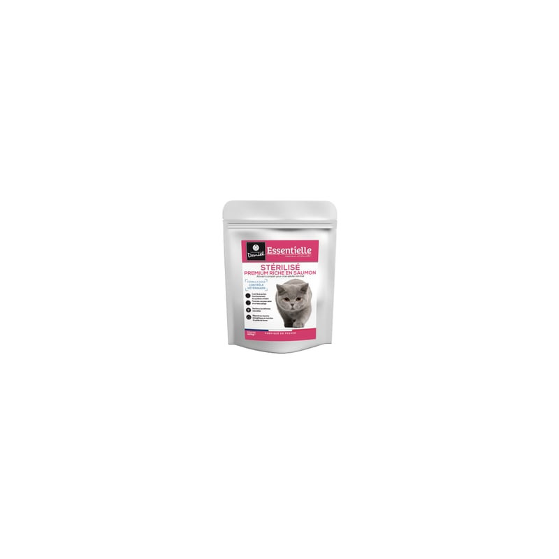 Vue latérale du sachet de croquettes Essentielle Stérilisé Premium Saumon pour chat par Les Recettes