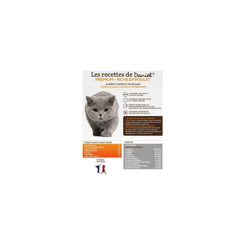 Gros plan sur le sac Les Recettes de Daniel croquettes chat : analyse nutritionnelle, ingrédients, 3
