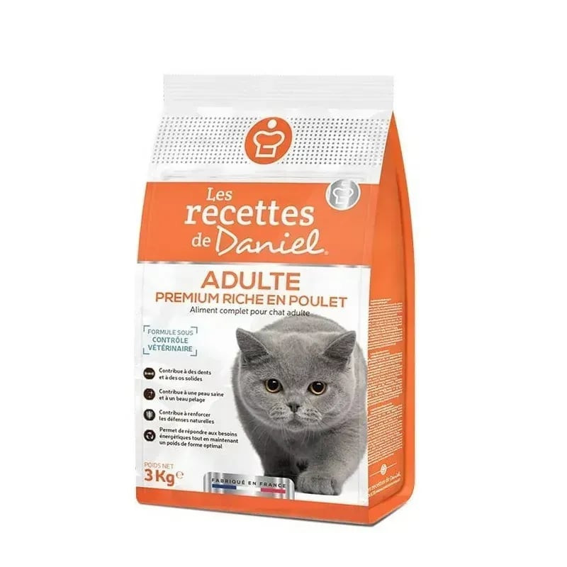 Vue avant du sac Les Recettes de Daniel 3kg croquettes riches en volaille premium pour chat adulte a