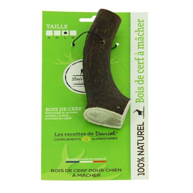 Les Recettes de Daniel bois de cerf friandise chien taille L en emballage vert avec options S, M, L,