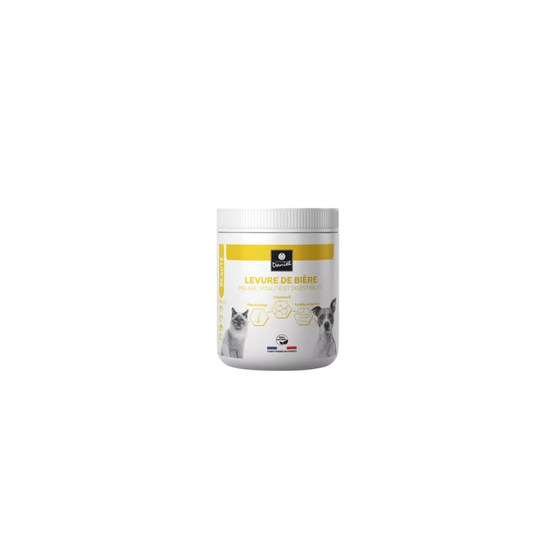 Les Recettes de Daniel 1114719 complément levure de bière pour chiens et chats, vue avant avec chat 