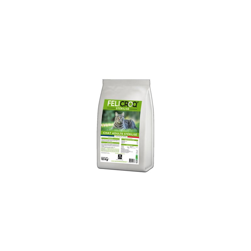 Vue avant du sac de croquettes Felicroq' pour chat stérilisé adulte, 10 kg, avec étiquette verte Fel