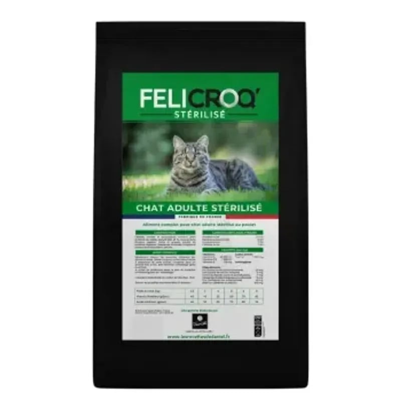 Gros plan sur le sac de croquettes Felicroq' chat stérilisé adulte 10kg, mettant en avant la marque 