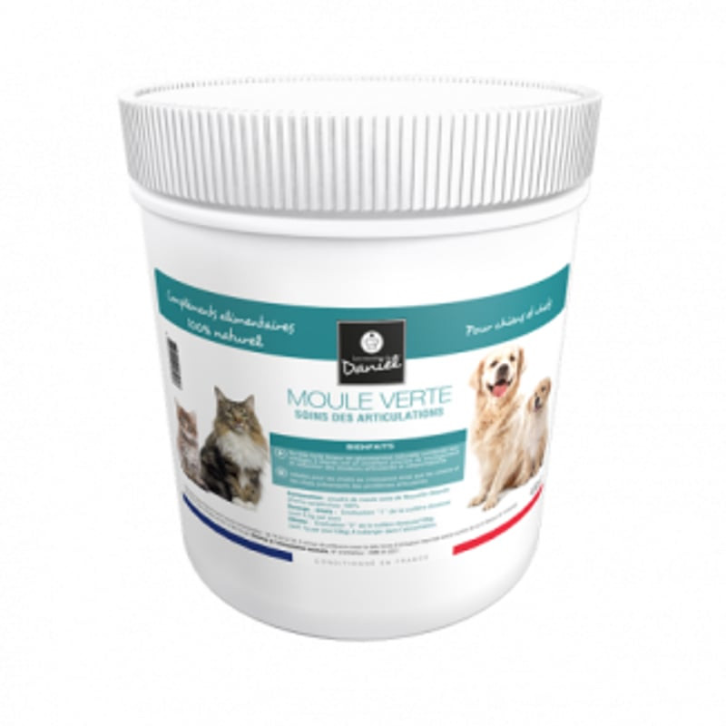 Les Recettes de Daniel 400g poudre de moules vertes pour chiens, vue avant avec étiquette chiens et 