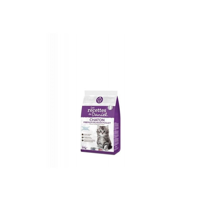 Vue de côté du sac de croquettes pour chaton poulet 3kg Les Recettes de Daniel : logo marque, emball