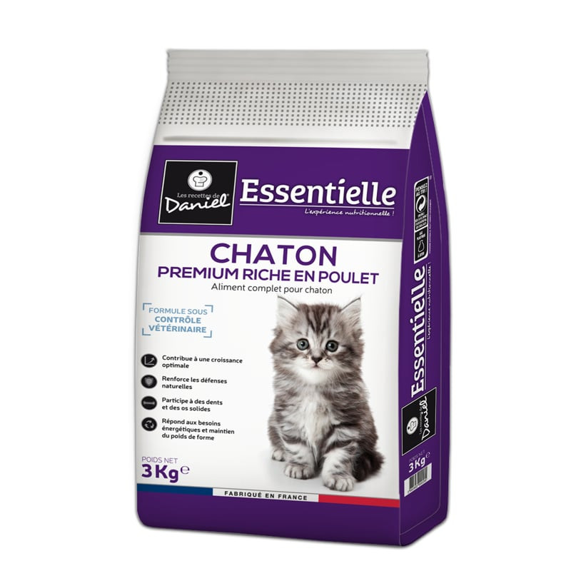 Vue avant du sac Les Recettes de Daniel Essentielle Premium Chaton Poulet 3kg avec chaton mignon, de