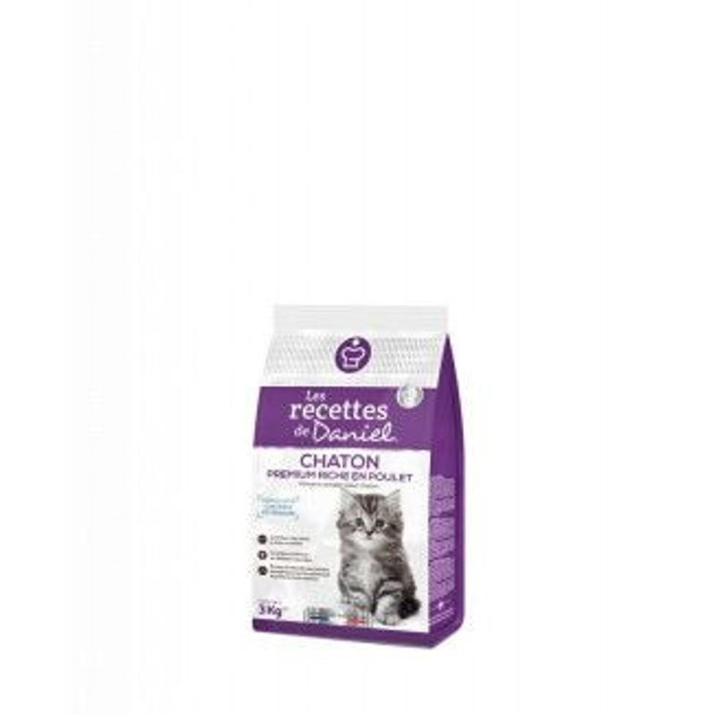 Vue arrière du sac Les Recettes de Daniel Essentielle Premium 3kg croquettes chaton violet avec déta