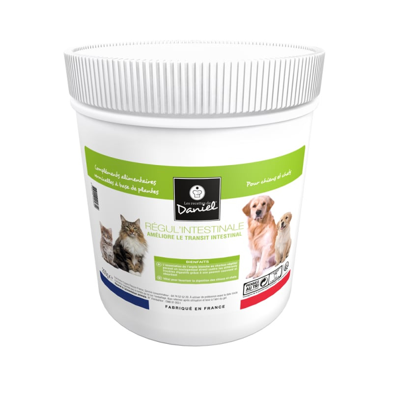 Vue complète du pot Les Recettes de Daniel Régul' Intestinale 200g pour chiens et chats, contenant b