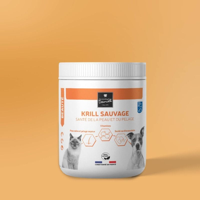 Les Recettes de Daniel Complément Krill sauvage en pot pour peau et pelage des animaux, pot blanc av