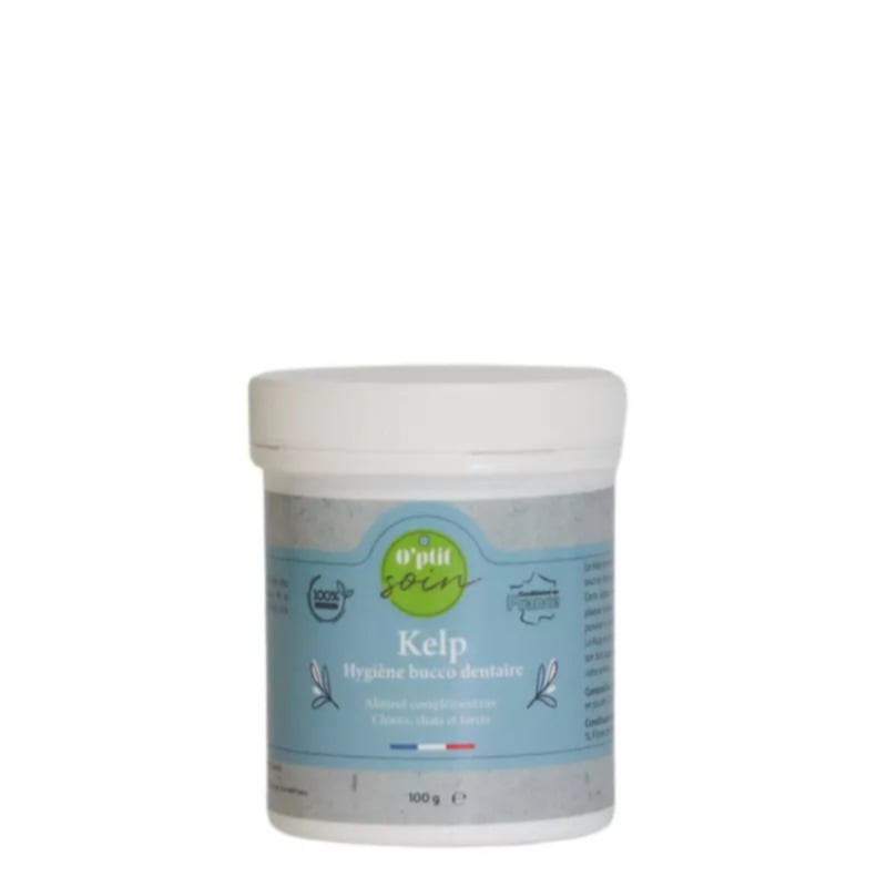 Gros plan du pot Opti'Soir Kelp 100g pour hygiène bucco-dentaire des animaux, étiquette bleue avec d