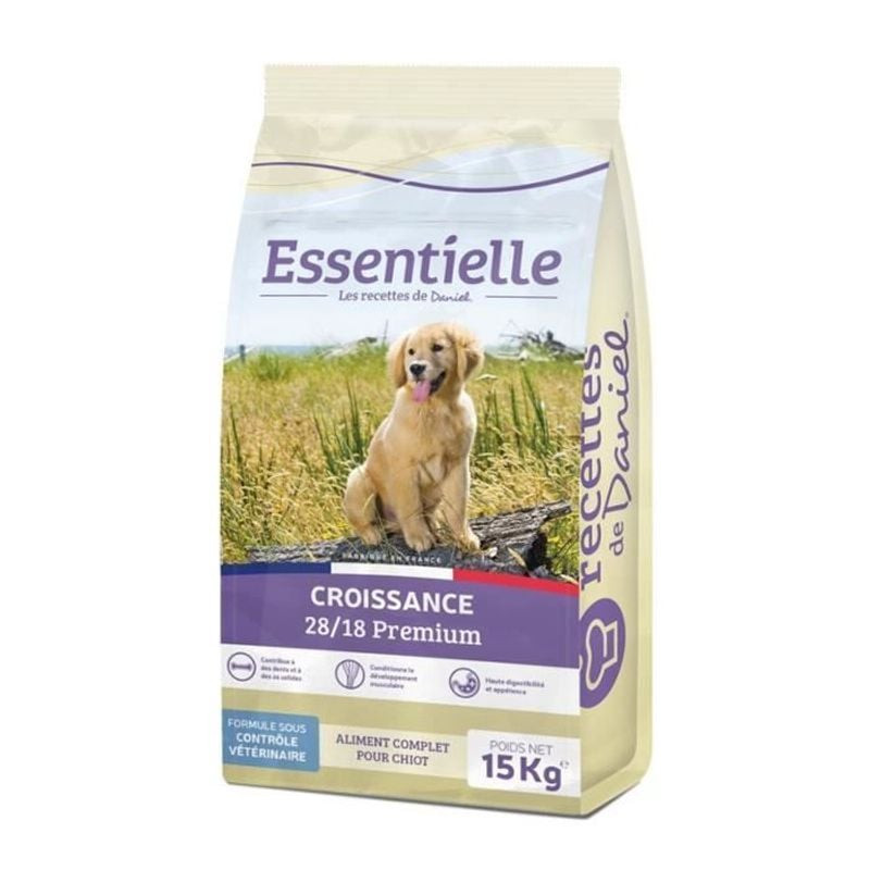 Vue de côté du sac Les Recettes de Daniel Essentielle Croissance 15kg montrant chiot golden retrieve