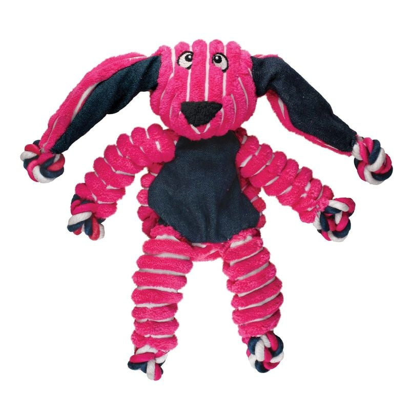 Jouet chien KONG Floppy Knots Lapin (M) en peluche rose avec patches denim noir, cordes tressées aux