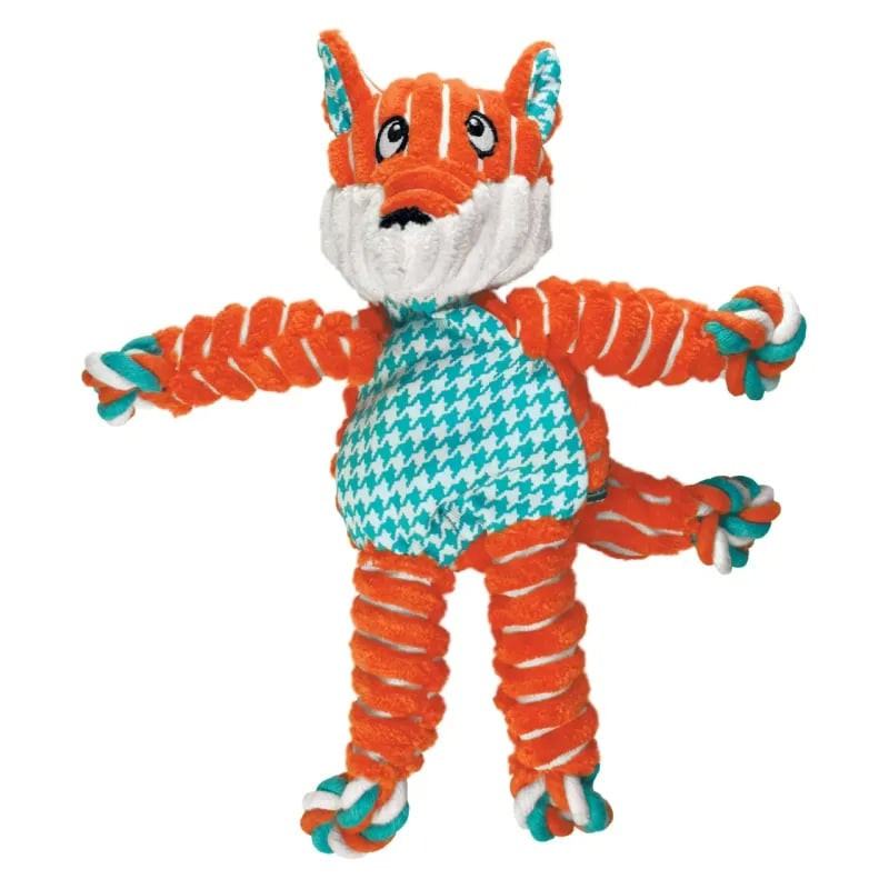 Jouet chien KONG Floppy Knots Renard en peluche orange avec nœuds turquoise et ventre à motif prince