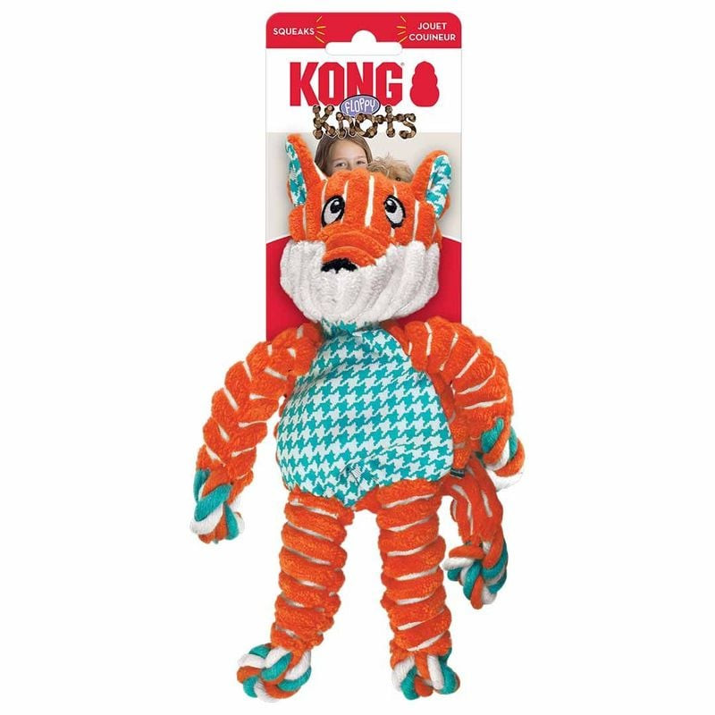 Gros plan sur le jouet KONG Floppy Knots Renard mettant en avant le visage détaillé avec barbe blanc