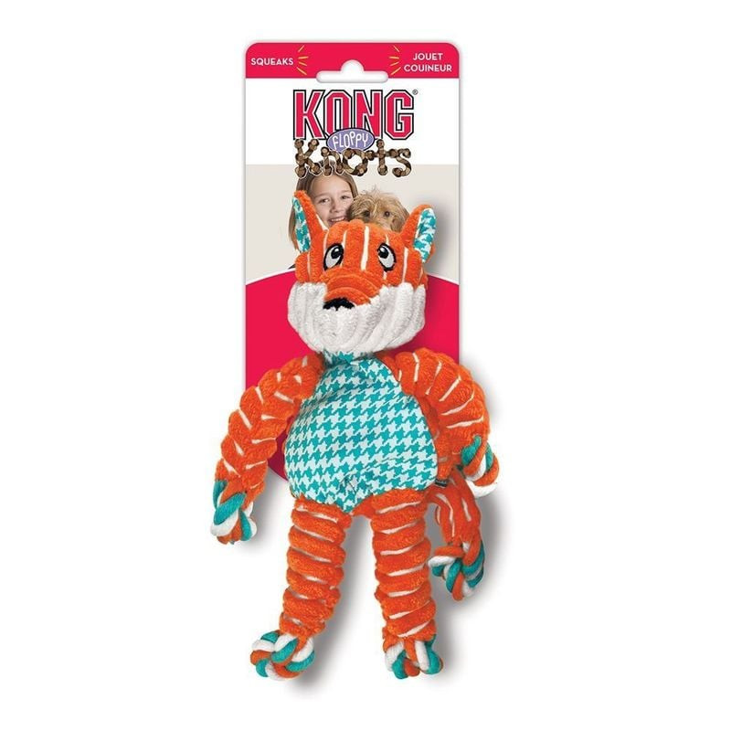 Jouet KONG Floppy Knots Renard pour chien emballé sur étiquette suspendue rouge avec label couineurs