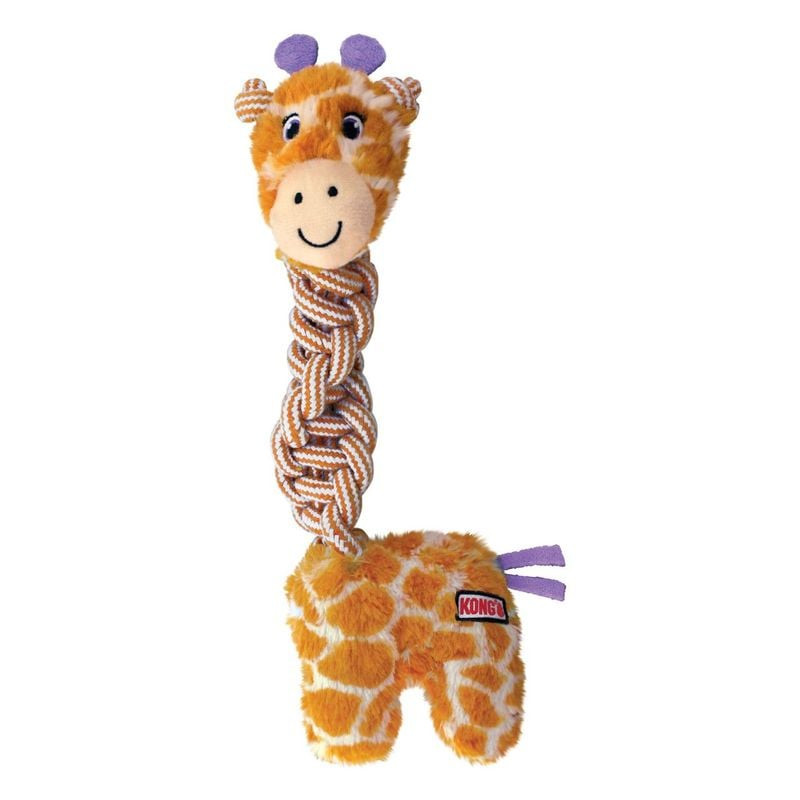 Vue complète du jouet chien KONG Knots Twists girafe taille M : tête peluche girafe, long cou corde 