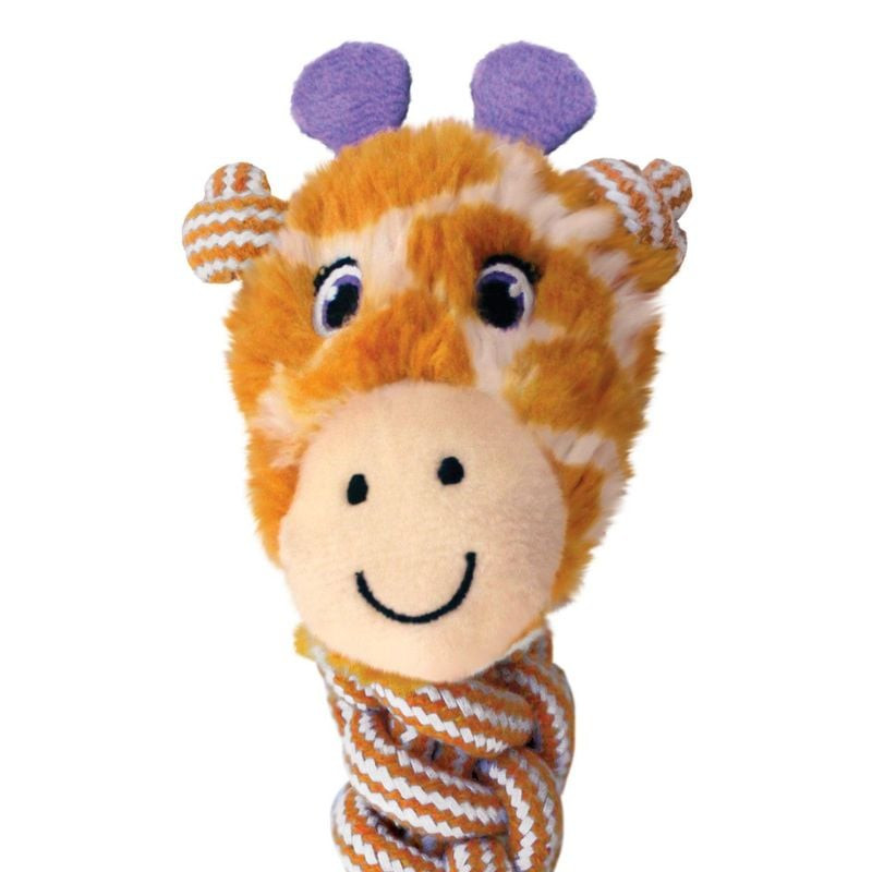 Gros plan détaillé du visage du jouet chien KONG girafe et corde, montrant motif peluche girafe, sou