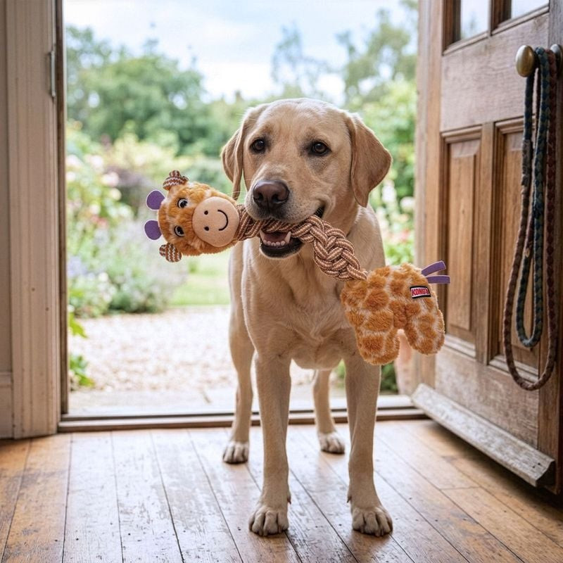 Gros plan sur la tête de girafon du jouet chien KONG Knots Twists, mettant en évidence le visage dét