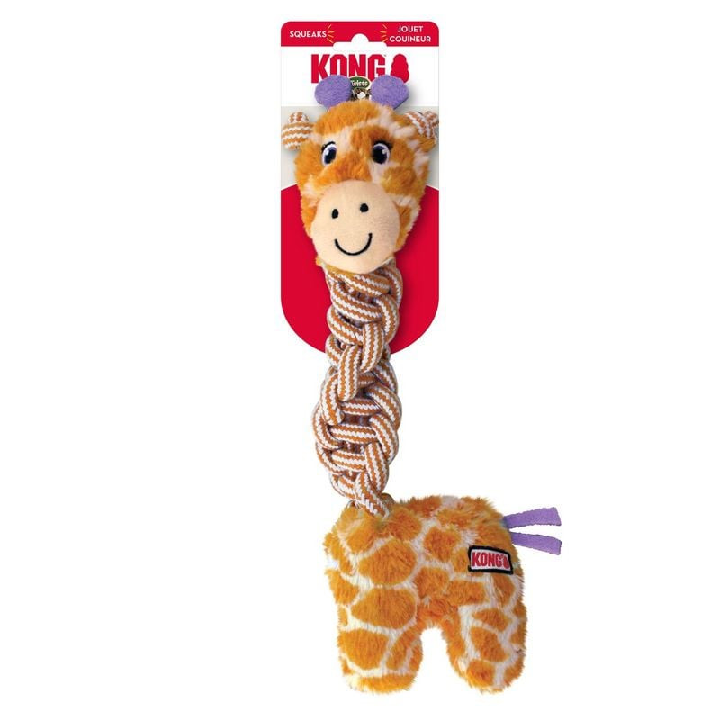 Jouet chien KONG Knots Twists girafe en emballage retail, jouet complet avec étiquette squeaker, cro