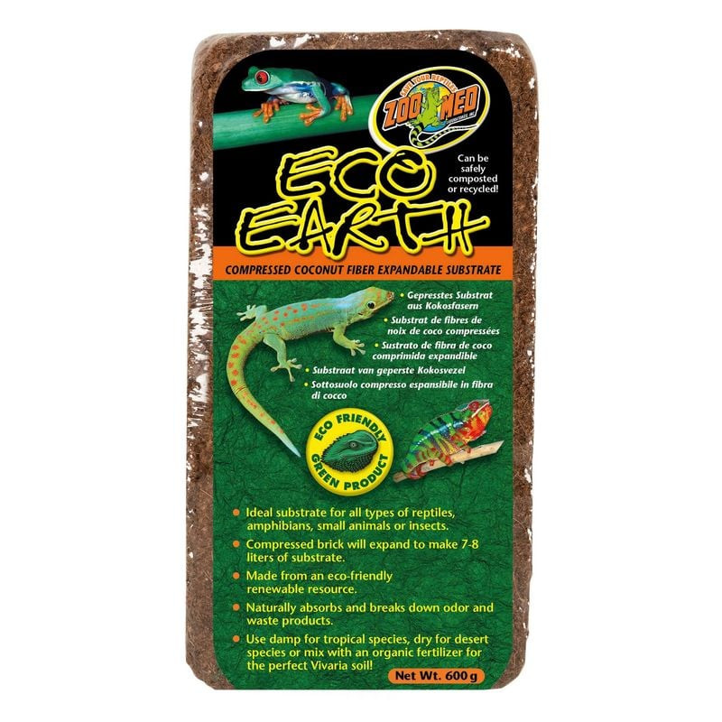 Brique de substrat compressé Zoo Med Eco Earth en fibres de coco avec étiquette colorée aux grenouil