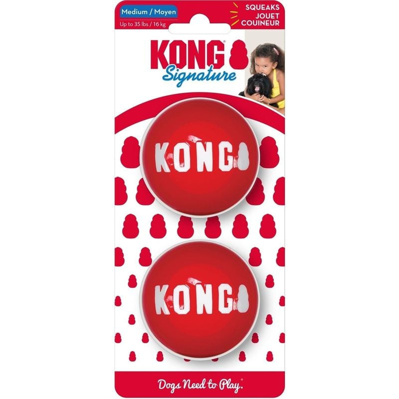Carte d'emballage KONG 1116703 montrant deux balles Signature rouges sifflantes taille M, infos tail