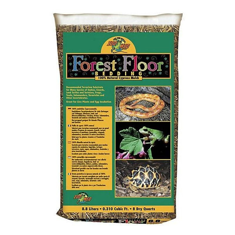 Zoo Med Forest Floor : packshot de la litière 8,5 L en paillis naturel de cyprès avec images de serp
