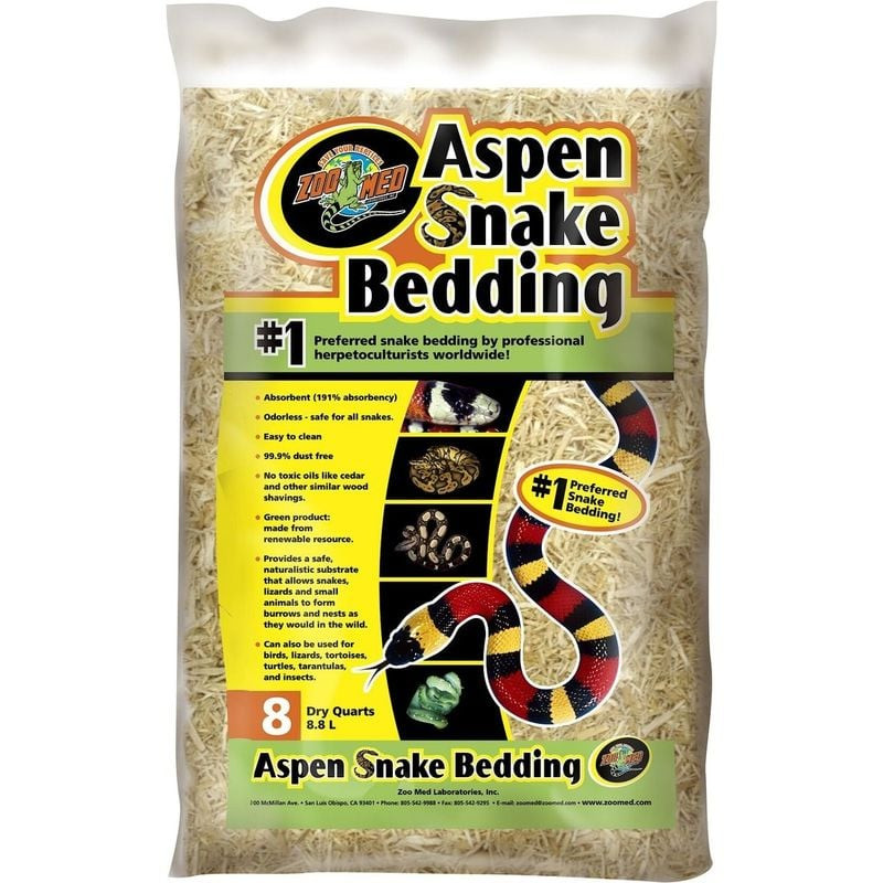 Litière Aspen Zoo Med pour serpents : vue packshot du sac de 8 quarts secs avec marque, illustration