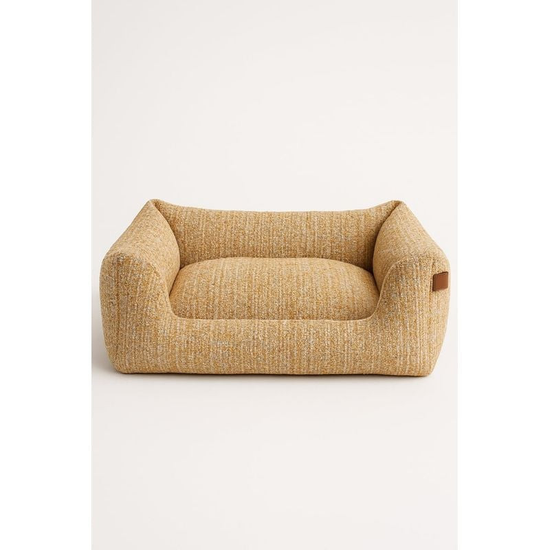 Panier Snooze Honey Nap Vadigran en tissu texturé miel, vue avant montrant entrée basse courbée et i