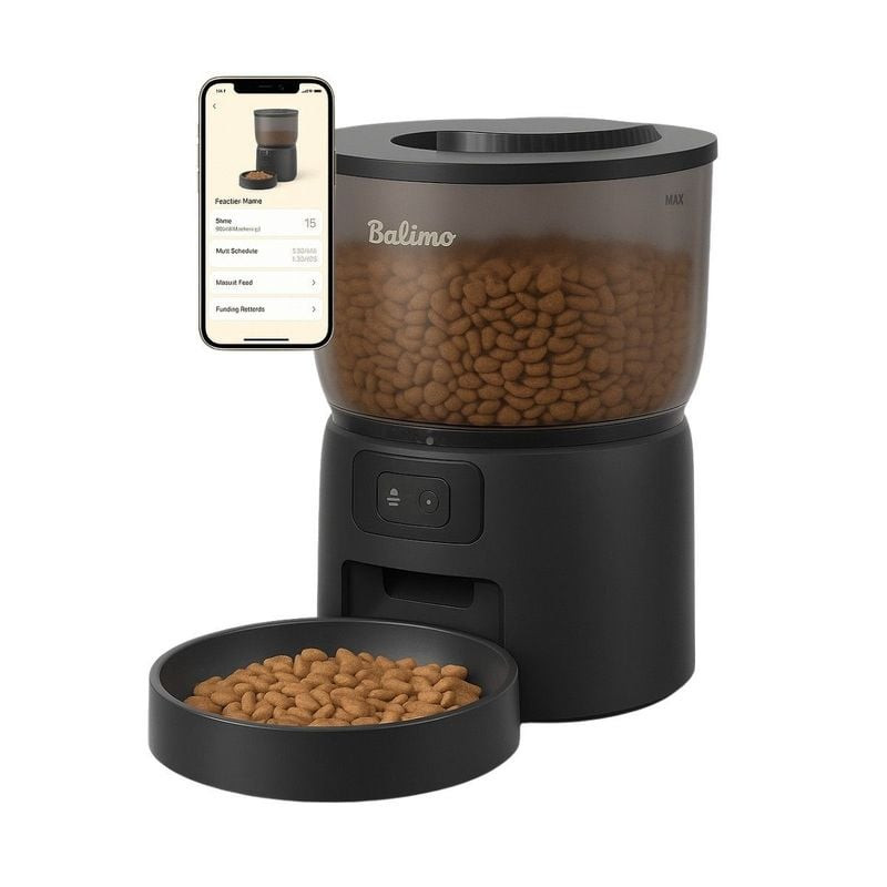 Distributeur Balimo 3L automatique pour animaux noir, trémie remplie de croquettes, dispense croquet