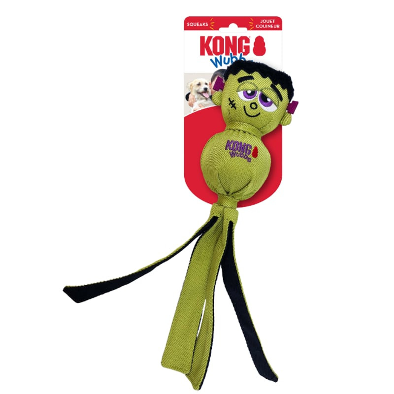 Jouet KONG Halloween Wubba Frankenstein sur carte rouge, visage monstre vert aux gros yeux, queues f