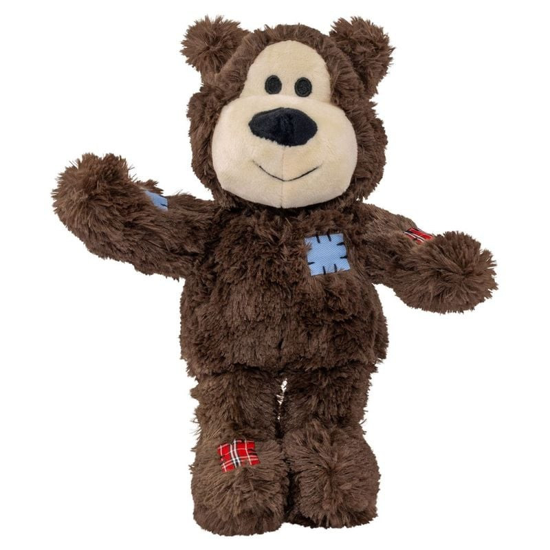KONG Wild Knots Bear XS ours peluche marron jouet chien avec patchs carreaux bleu rouge sur bras jam