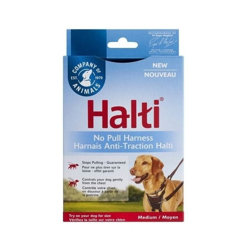 Boîte d'emballage Harnais Halti No Pull Moyen par Company of Animals, bilingue anglais/français, mon