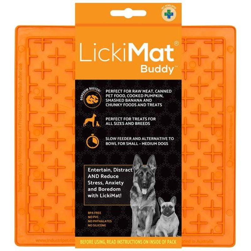 Gamelle à lécher Lickimat Buddy Orange en emballage orange, vue avant montrant surface texturée en c