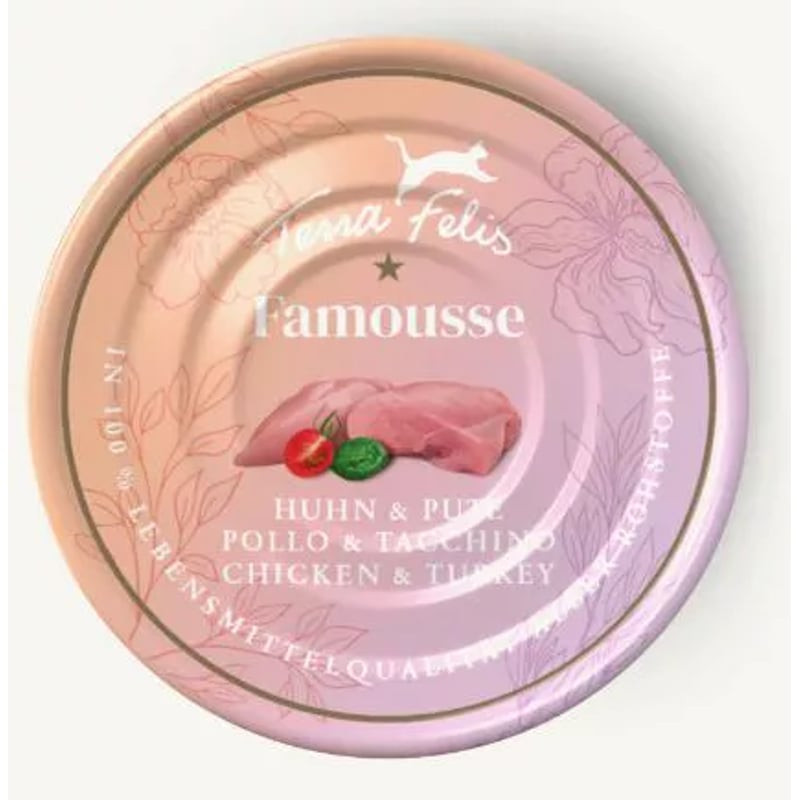 Vue de dessus de la boîte Terra Felis Famousse Poulet & Dinde pour chat, design élégant aux pivoines