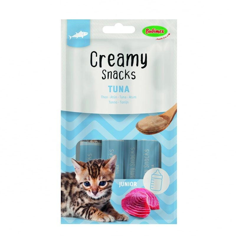BUBIMEX Friandises crémeuses thon junior pour chatons : paquet de 4 tubes bleus (60g total) sur emba