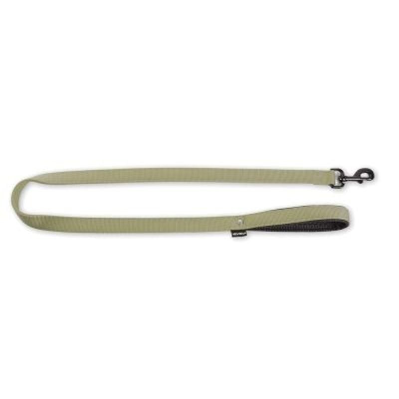 Gros plan sur la laisse Tub Martin Sellier nylon kaki avec poignée enroulée, mousqueton métallique, 