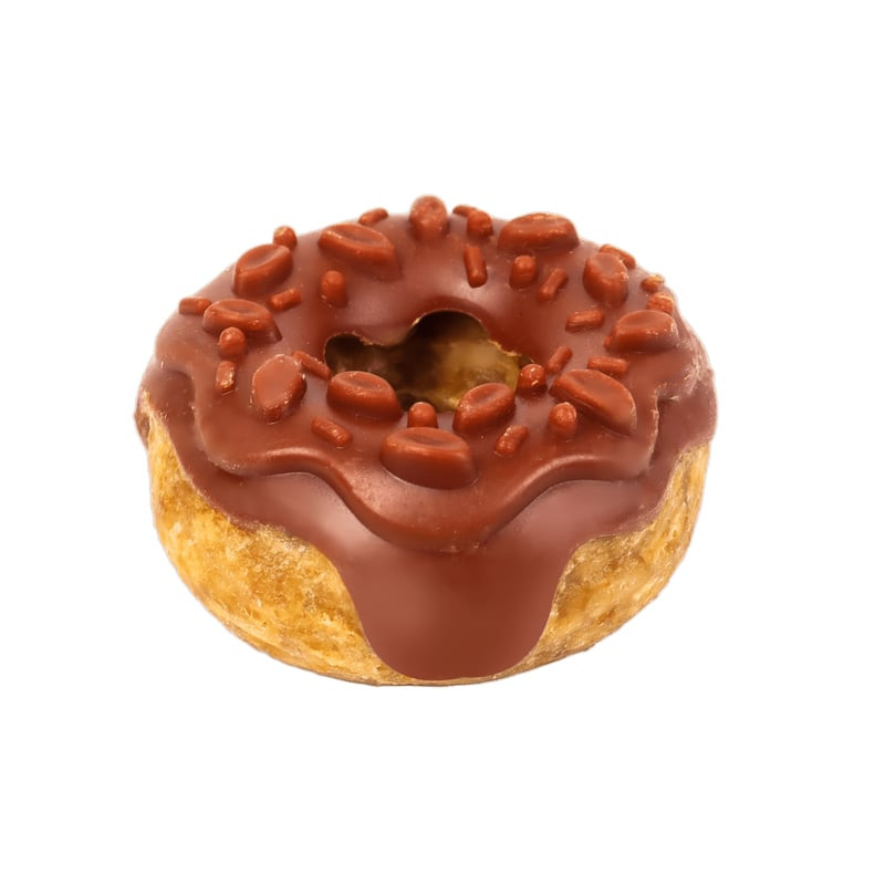 Friandise Donut Bubimex pour chien poulet et fraise, 9 cm, vue de côté inclinée sur fond vert, avec 