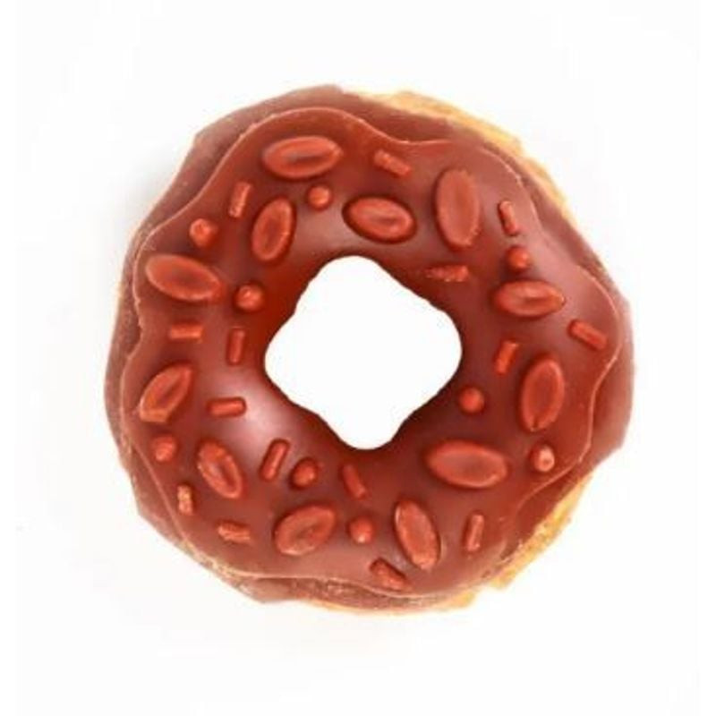 Vue de dessus du donut Bubimex poulet et fraise pour chien, 9 cm, sur fond blanc, mettant en évidenc