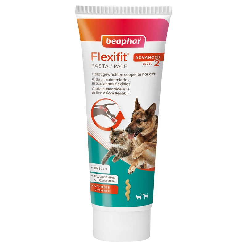 Tube de pâte articulaire Beaphar Flexifit Advanced Level 2 pour chiens et chats, emballage avec icôn